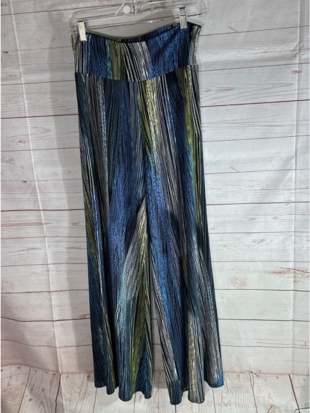 Clara Sun Woo Pants Women's Size Medium flair Leg Pull On Stretch Blue Gold Gray - Picture 10 of 10